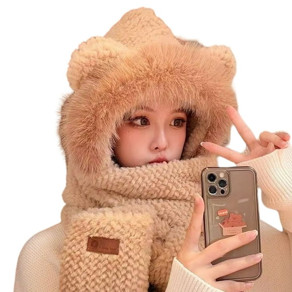 Bear Ear Beanie Hat Scarf, Kawaii Bear Ear Beanie Scarf, Winter Warm Thicken Fuzzy Knit Hat scarf