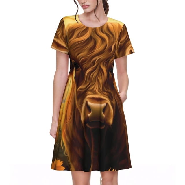 Disketp Sunset Sunflower Cow A para Vestido de Manga Corta para Mujeres, Vestidos de Verano para Mujeres, Casual y Holgado para la Playa