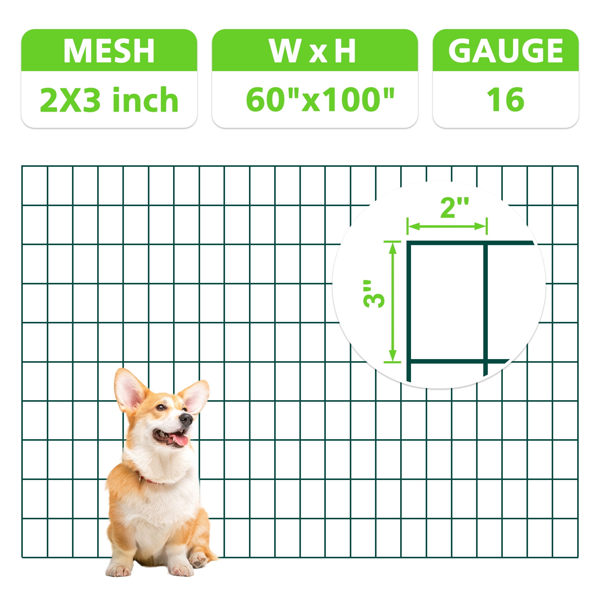 14GA Green Chicken Wire Fence Rolls Mesh Size 2"X3"60in(H)X 100ft(L)Heavy Duty Metal Garden Fence