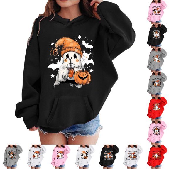 Halloween Sweatshirt Girls Boys Long Sleeve Loose Fit Hooded Sweatshirt with Pocket Fall Outfits