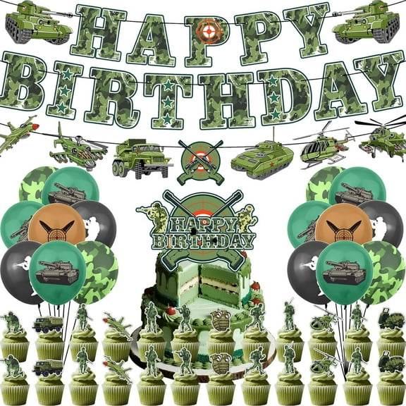 44 Pcs Military Birthday Party Decorations Set, Army Theme with Banner, Balloons, Cake & CupCake Topper, Camouflage Design