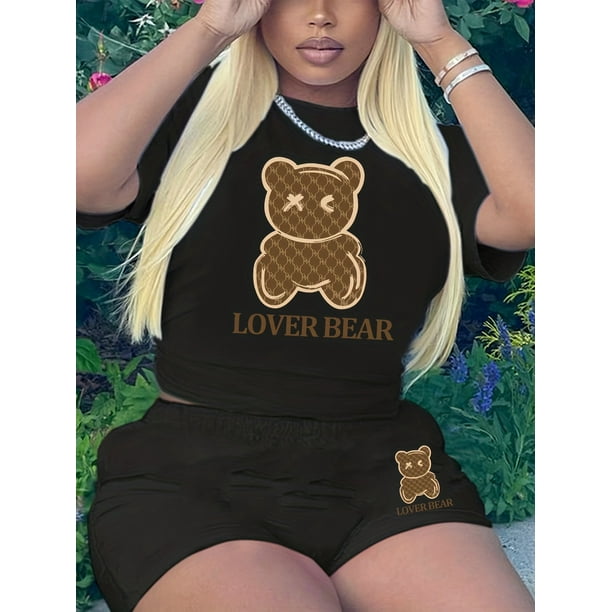 Conjunto Informal De Dos Piezas Con Estampado De Oso De Dibujos Animados Camiseta De Manga Corta Con Cuello Redondo Y Conjuntos De Pantalones Cortos Delgados Ropa De Mujer Bodega Aurrera en