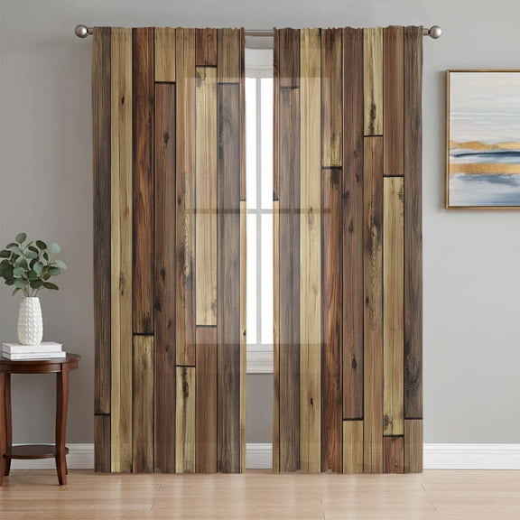Brown Wooden Grain Sheer Curtains 84 Inch Length 2 Panels Set, Farmhouse Vintage Stitching Art Voile Window Treatment Rod Pocket Curtains Sheers Drapes for Bedroom/Living Room/Kitchen 52"x84"x2