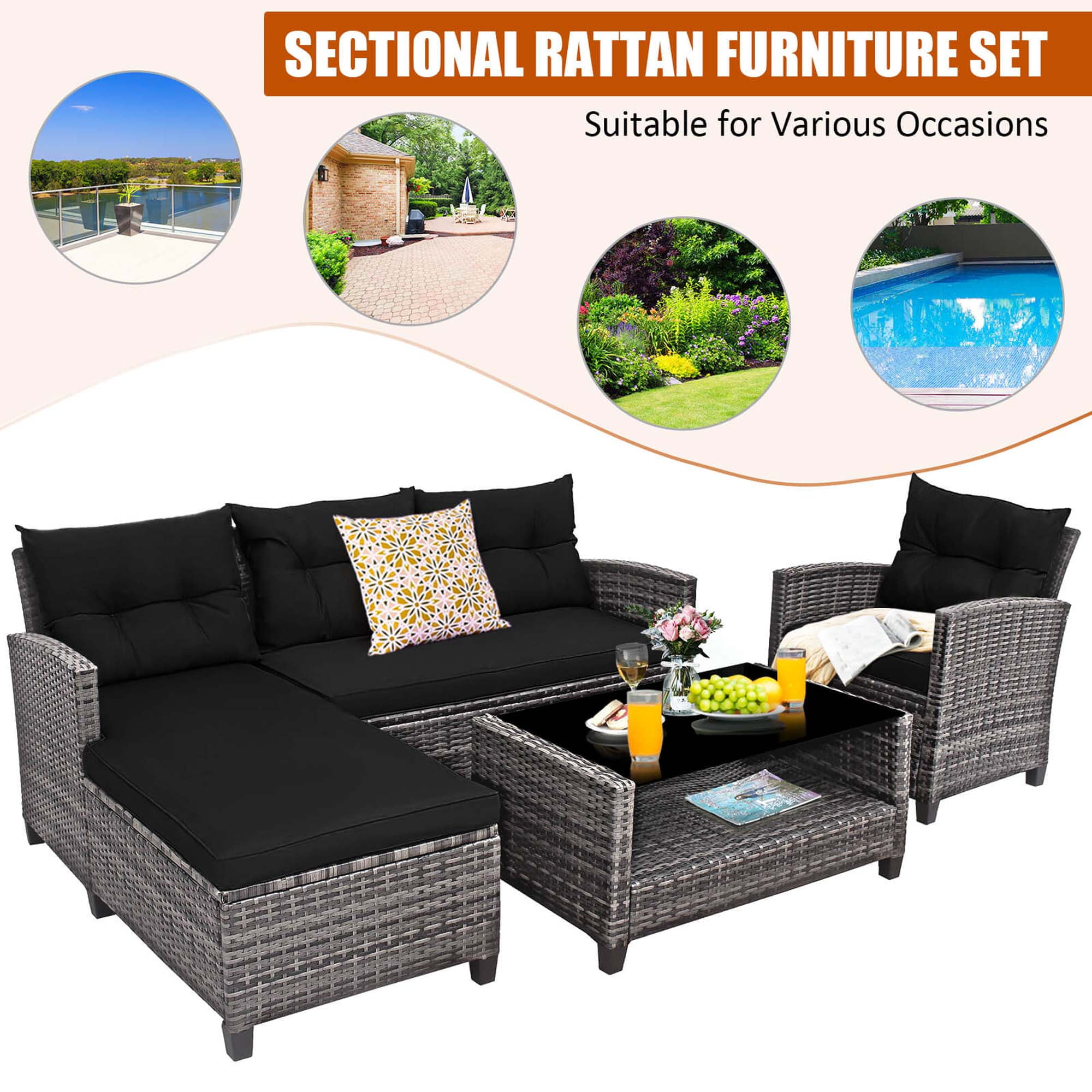 Costway 4 PCS Patio Rattan Furniture Set Sofa Ottoman Cushion Garden Deck Black