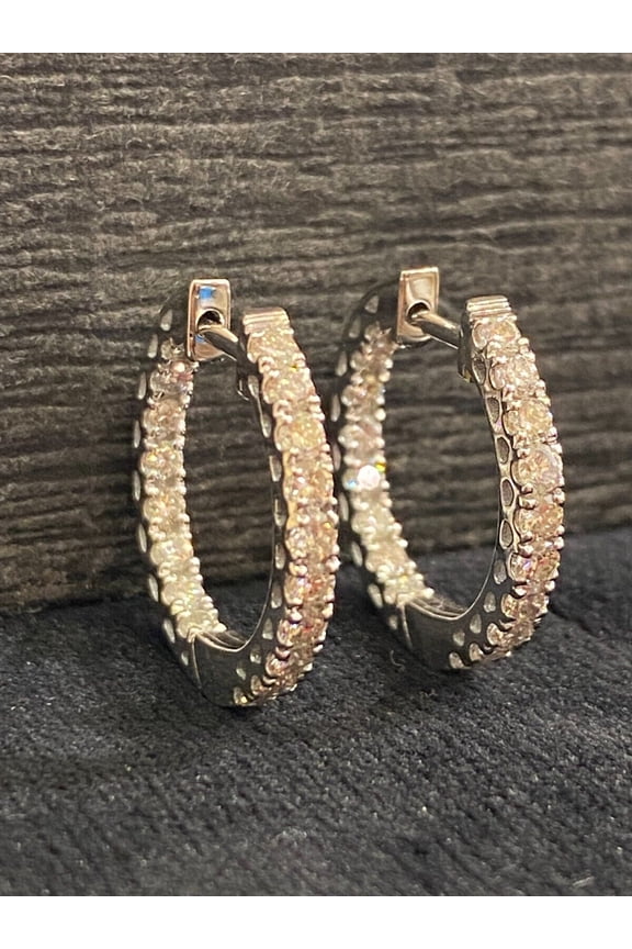 Pave 1.20 Cts Round Brilliant Cut Inside-Out Diamonds Hoop Earrings in Stamped 14K White Gold