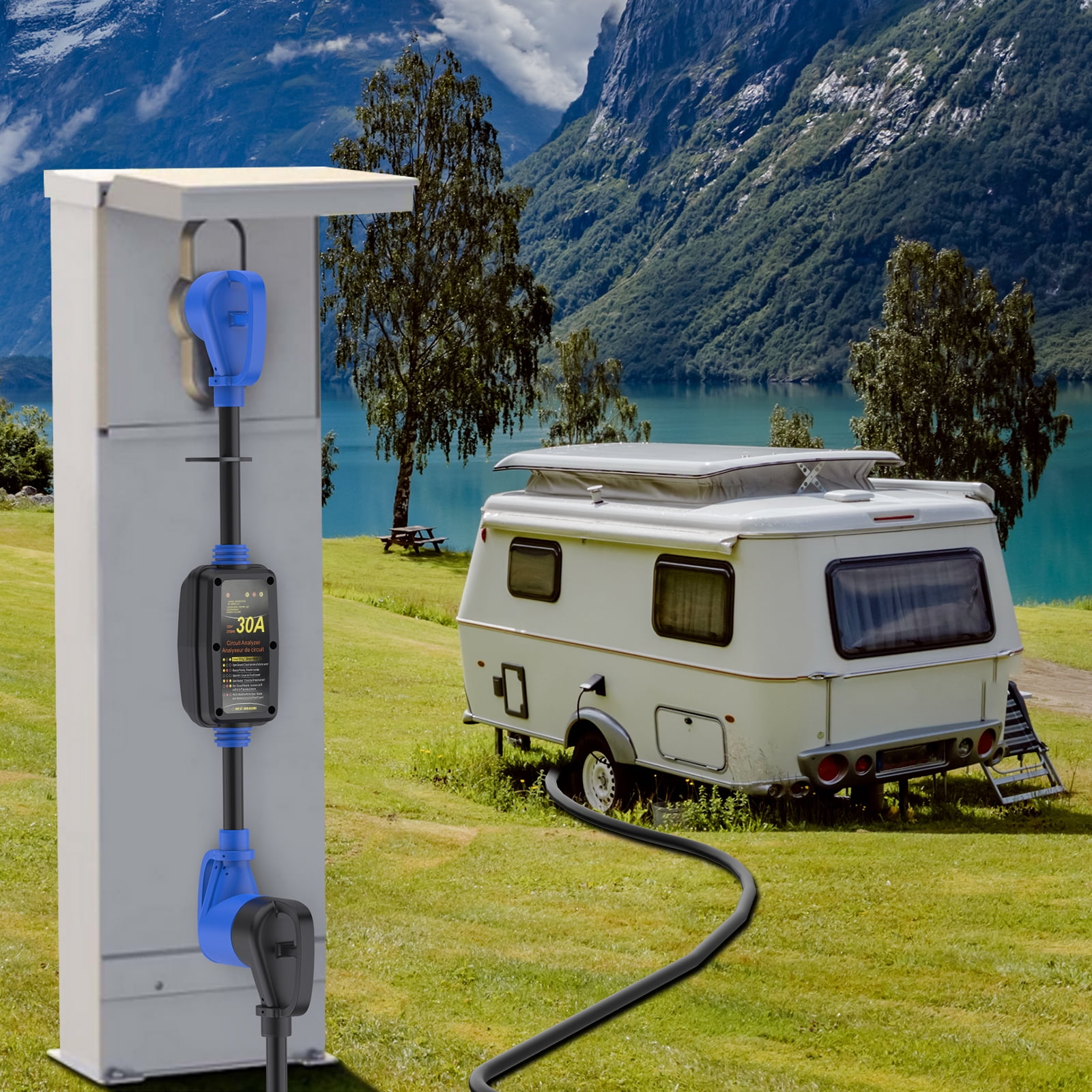 HFLRZZ RV Surge Protector 30 Amp with Grip Handles, Smart Circuit Analyzer Power Guard for RV, Camper, Trailer, Truck, Motorboat, Yacht, Mobilhome with Blue LED Indicator Light