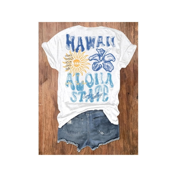 Hawaii aloha State Graphic Print T-Shirt, Casual Crew Neck, Short Sleeve, for Women, all-Season Knit Fabric Top