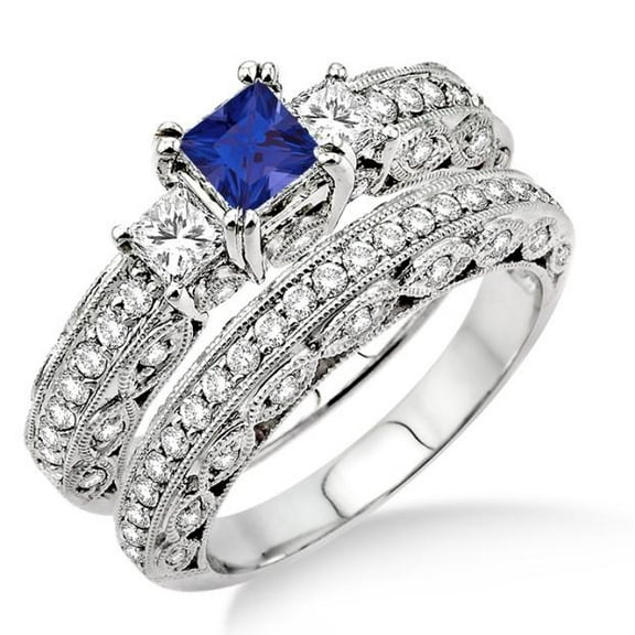 Square Shape 2.5 Carat Blue Sapphire And Moissanite Diamond Engagement Ring Antique Milgrain Trilogy Bridal set on 10k White Gold