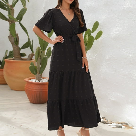 Homenesgenics Womens Dresses under $10.00 Women's Summer Fashion Short-Sleeved V-Neck High-Waistband Bohemian Long Short-Sleeved Dress Black L