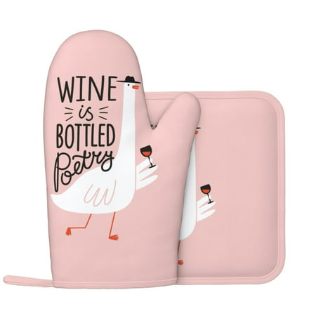

Goose Holding Wineglass with Red Wine Oven Mitts and Pot Holders Sets Heat Resistant Silicone Oven Mitts Pot Holders for Kitchen Cooking Baking Non-Slip Oven Gloves Hot Pads Potholders