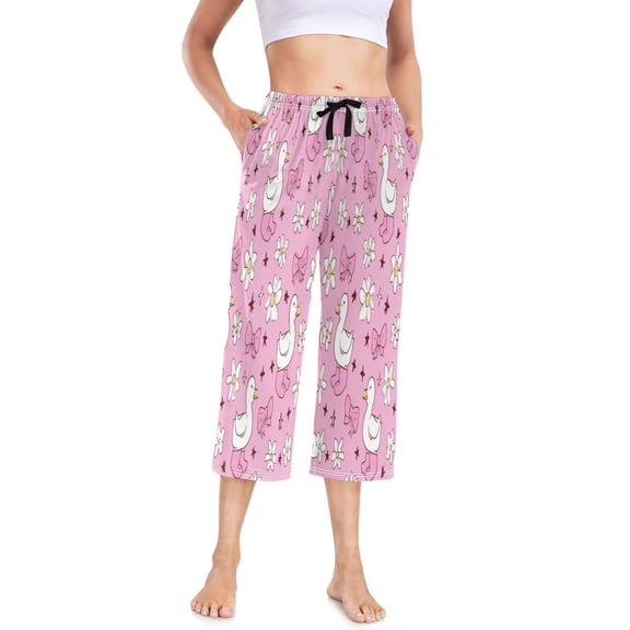 Women's Cropped Pajama Pants Wide-leg Summer Sleep Pants with Pockets Loose Fit Comfy Pj Pants ,Duck-pink Print S