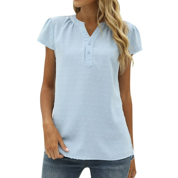 Gibobby Camisetas de verano para mujer Tops chifón para mujer, blusas holgadas con cuello y manga casquillo a la moda, blusas sueltas Color sólido(Azul celeste,CH)