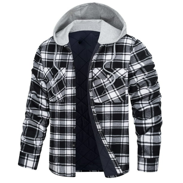 Chaqueta con capucha para hombre, camisa de franela a cuadros gruesos, abrigo de algodón de invierno de manga larga con forro acolchado y bolsillos