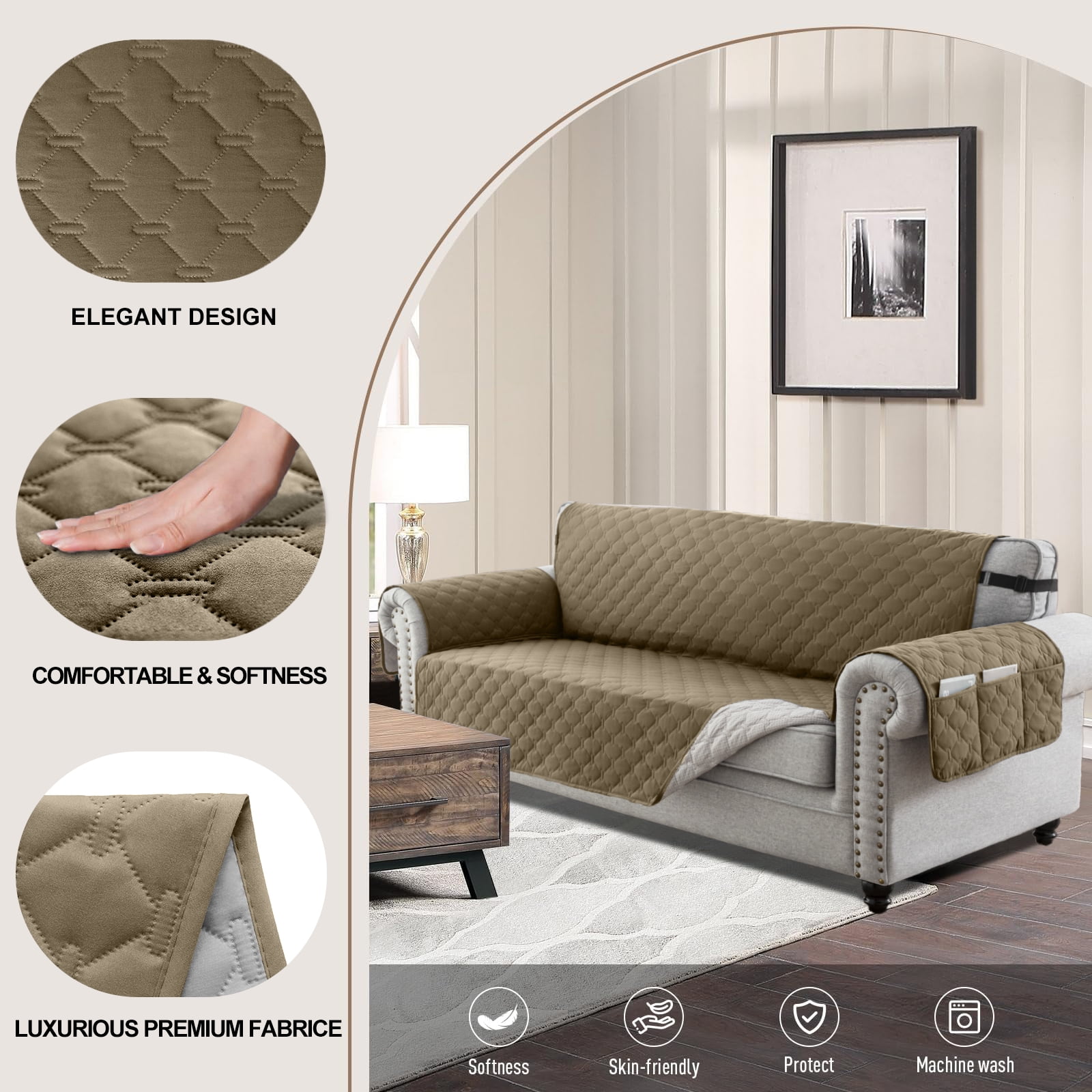 Sanmadrola Sofa Cover 100% Waterproof Couch Slipcovers Washable Non-Slip Furniture Protector with Pockets/Elastic Straps/Silicone Backing for Kids Pets Dogs, Taupe, Loveseat
