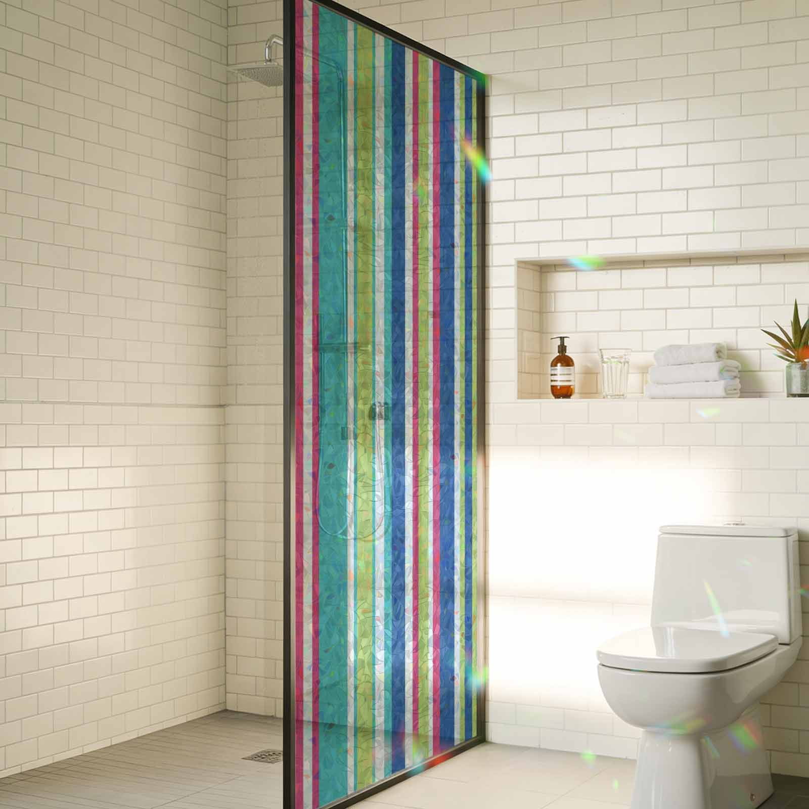 Blue Green Striped Window Privacy Film Stain Glass,Reusable Decorative Rainbow Window Film,Geometric Abstract Art Aesthetic Static Cling Sun Blocking Stickers Decals Covers 35.4" x 78.7" (3pcs)