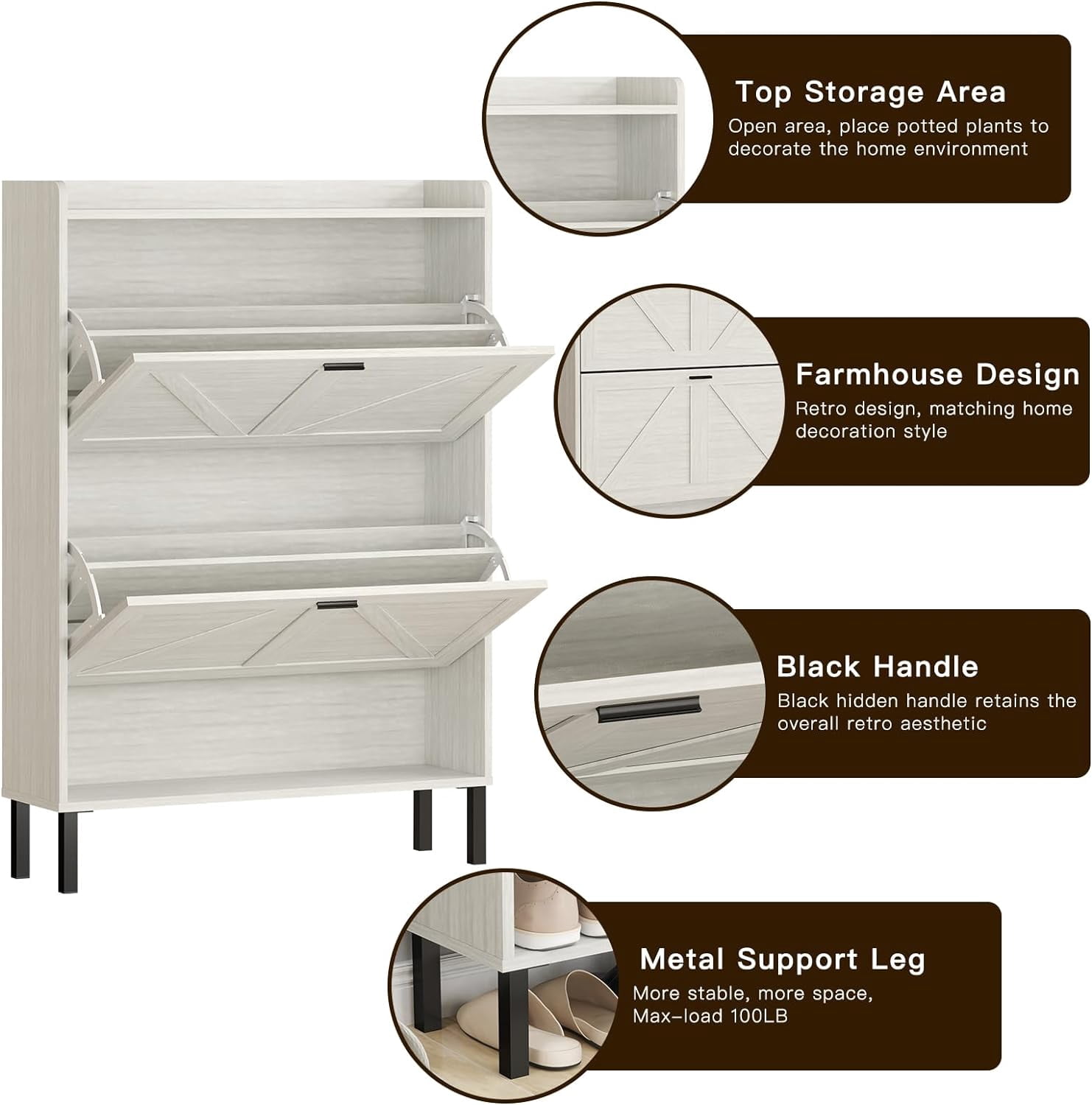 Vinform Farmhouse Shoe Storage Cabinet with 2 Flip Drawers for Entryway, Slim Wood Shoe Cabinet, Freestanding Narrow Shoe Rack Organizer with Metal Legs for Hallway Living Room (Gray)