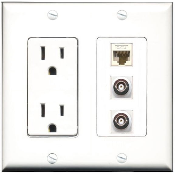 RiteAV - 15 Amp Power Outlet 2 Port BNC 1 Port Cat6 Ethernet Ethernet White Decorative Wall Plate