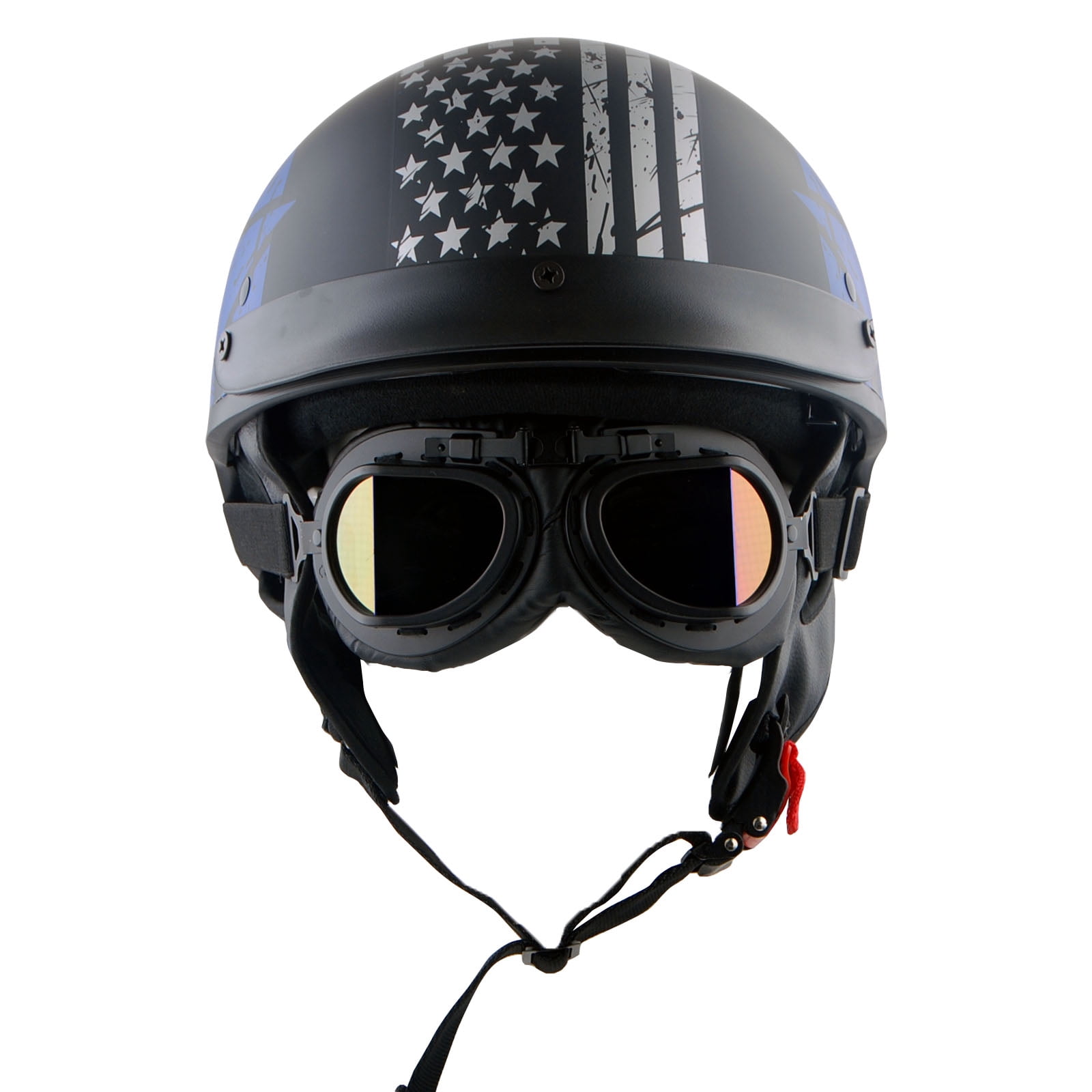 1Storm Motorcycle Half Face Helmet HKY205V Mopeds Scooter Pilot with retractable Inner Smoked Visor, Blue Flag + T008 Black Tinted Goggle Bundle