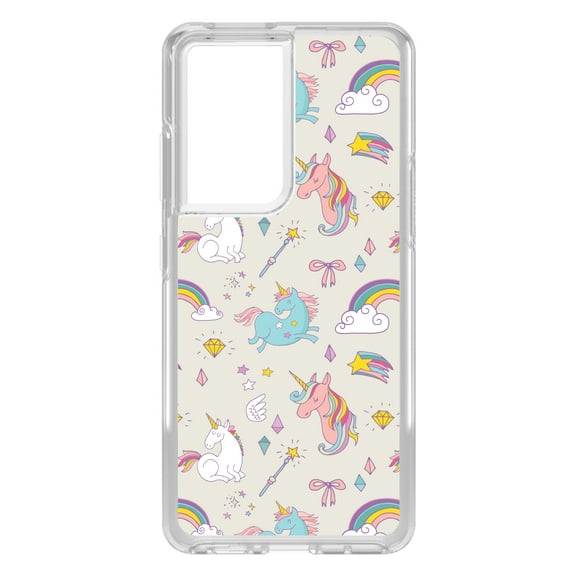 DistinctInk Clear Shockproof Hybrid Case for Galaxy S21 ULTRA 5G (6.8" Screen) - TPU Bumper, Acrylic Back, Tempered Glass Screen Protector - Unicorn Rainbow Wand Pattern - Beige