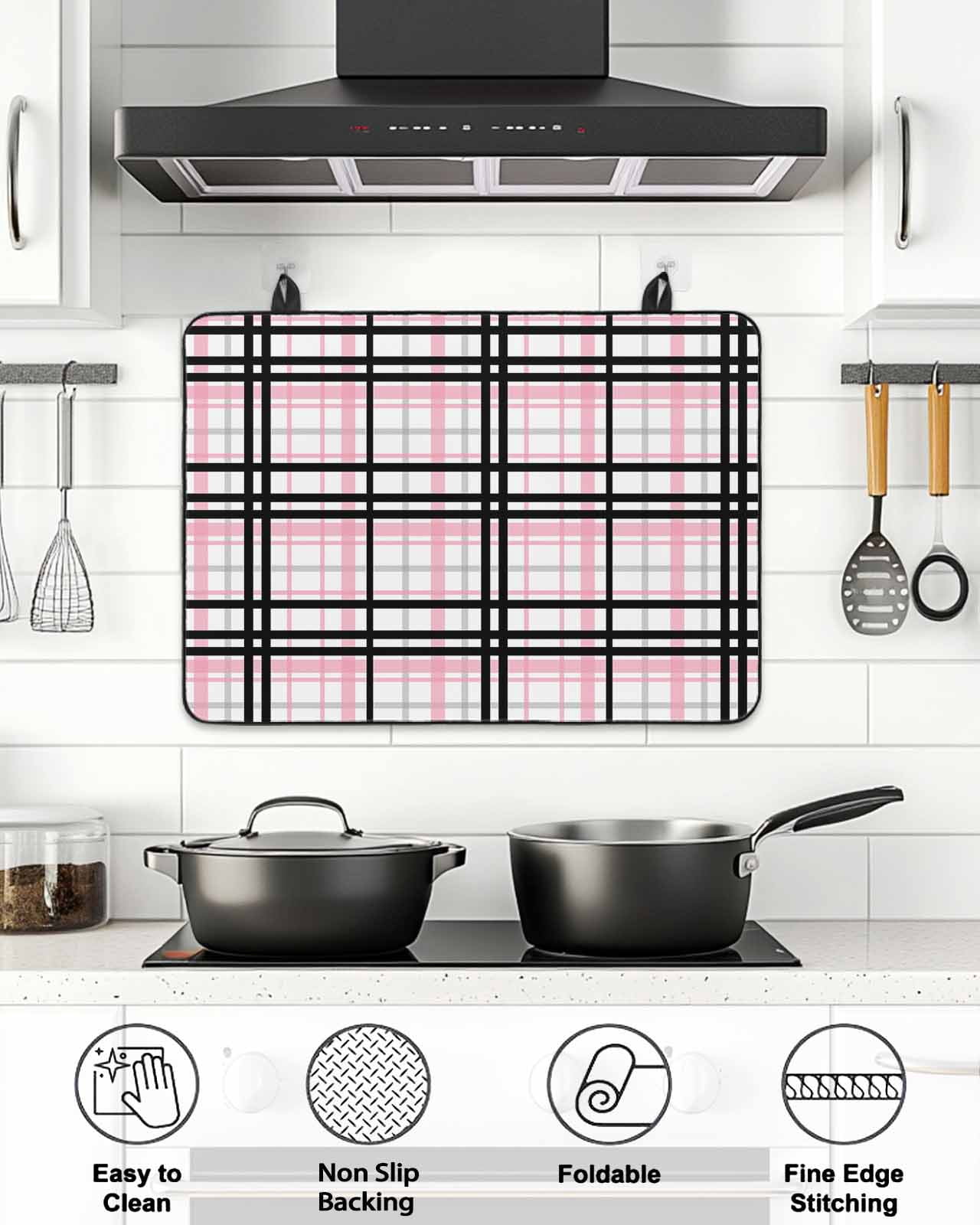 Stove Top Covers for Electric Stove, Pink Black Plaid Glass Stovetop Cover Protector, Farmhouse Pink Black Checkered Induction Cooktop Protector Oven Mat for Kitchen Countertop 24"x21"