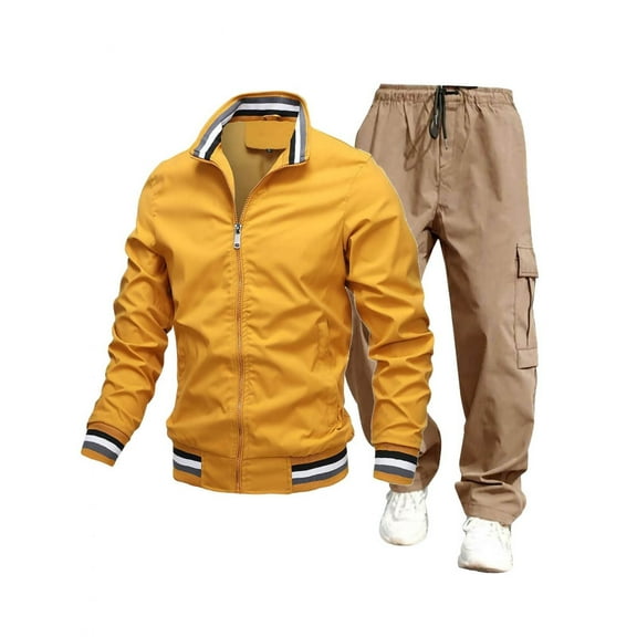 2 Piece Cargo Tracksuits for Men Casual Hiking Jogging Sport Outfits Full Zip Lightweight Jacket and Pant Sets (XL, Yellow)