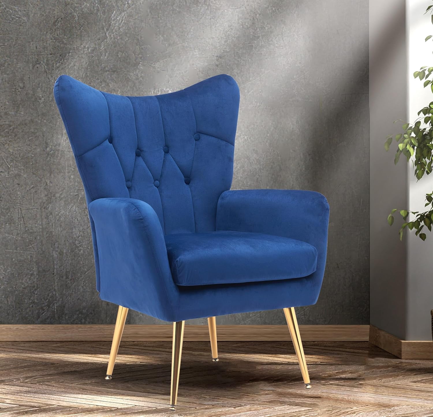 US Pride Furniture Modern Chic Mid-Century Velvet Accent Armchair for Living Room Bedroom or Home Office Button-Tufted Wingback Design with Gold Flared Legs Navy Blue