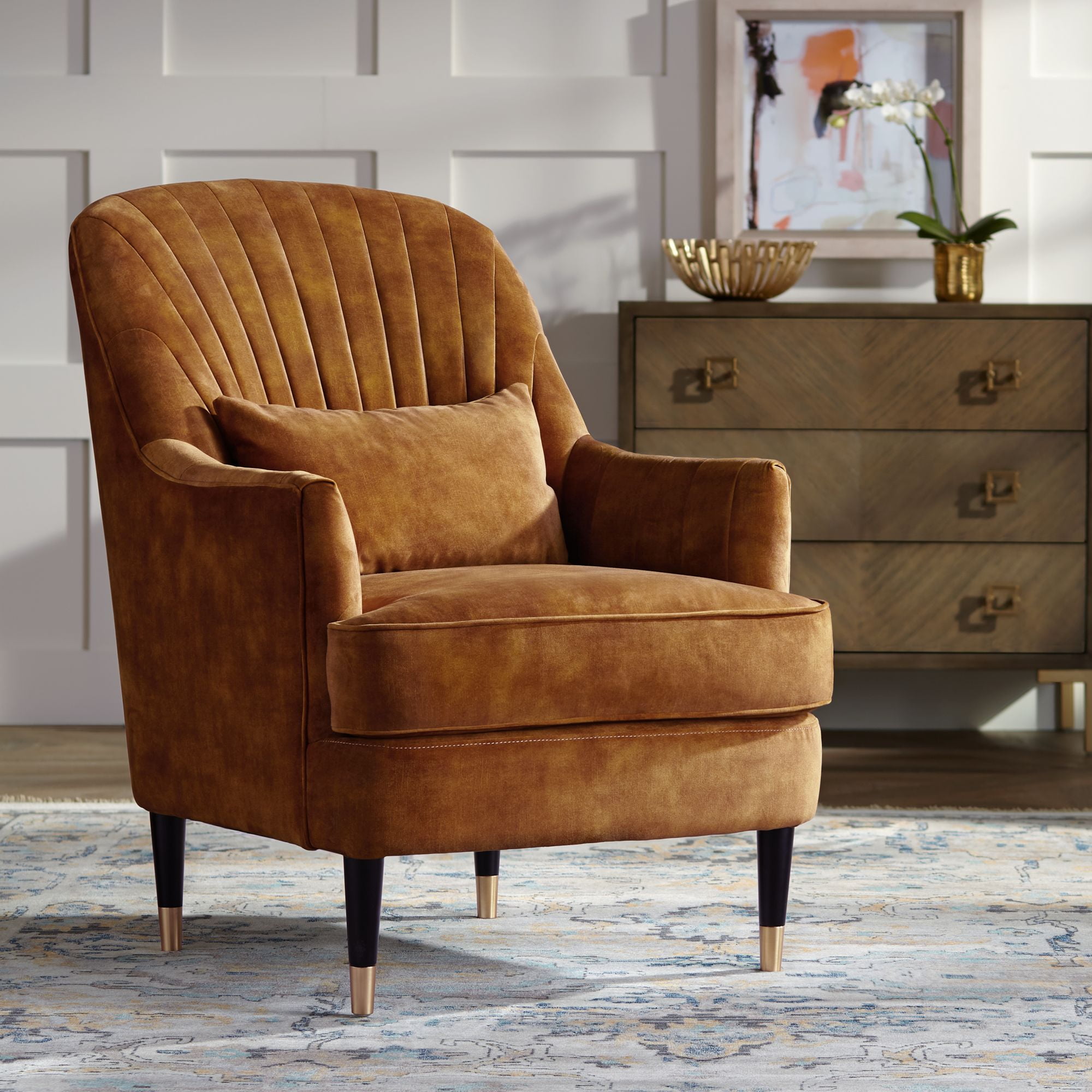 55 Downing Street Austen Caramel Velvet Tufted Modern Armchair with Pillow