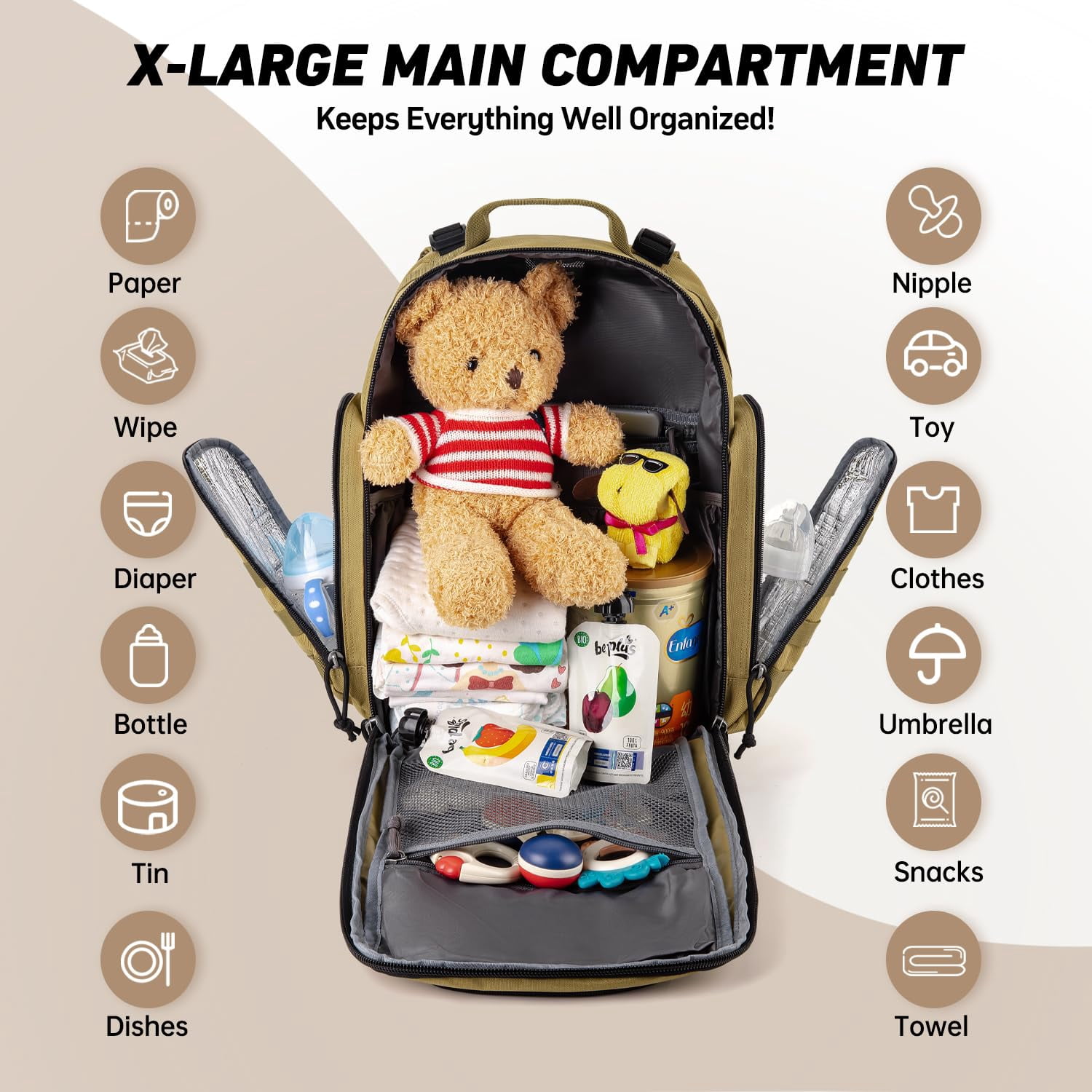 SharkMouth Baby Diaper Bag for Men - Large Military Daddy Gear Backpack with Changing Pad for Travel Camping Hiking - Army Style for Active Dad Tan