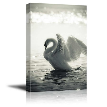 - wall26 - Canvas Prints Wall Art - Graceful Swan on a Lake in Black and White | Modern Wall Decor/Home Decoration Stretched Gallery Canvas Wrap Giclee Print. Ready to Hang - 16