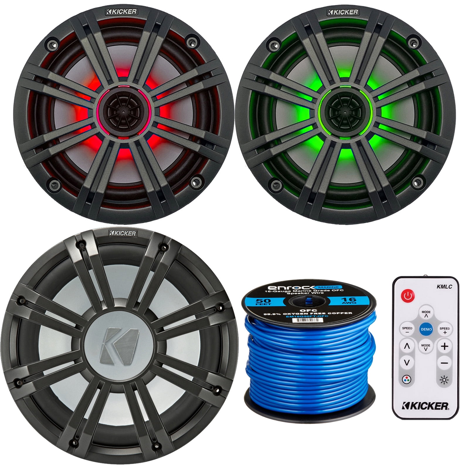 2 x Kicker 6.5" OEM Replacement 195W Marine Coaxial 2Way MultiColor LED Speakers (Charcoal