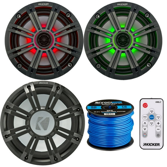 2 x Kicker 6.5" OEM Replacement 195W Marine Coaxial 2-Way MultiColor LED Speakers (Charcoal Grilles), 10" Weather-Proof Charcoal LED Subwoofer, LED Remote Controller, Speaker Wire