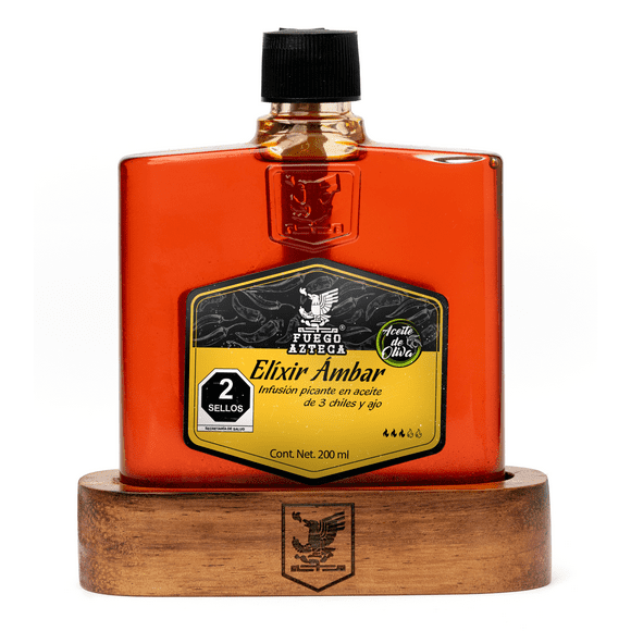 FUEGO AZTECA | Elíxir Ámbar - Salsa/Infusión natural en Aceite de Oliva 3 Variedades de Chiles y Ajo con Base artesanal de madera - Chile Chipotle, Morita & de Árbol - Nivel de picor medio (3/5) Fuego Azteca Elíxir Ámbar