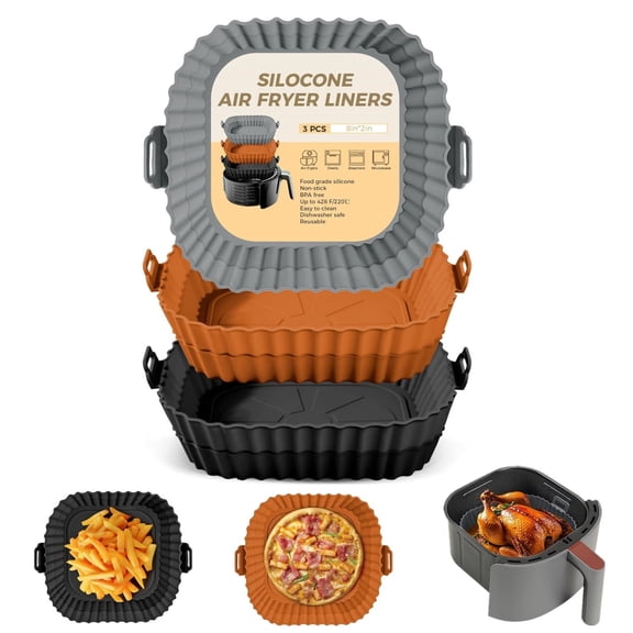 LiangXianzhen Air Fryer Liners Square Reusable Food Grade Silicone 3 Pack 8 Inch (Black, Brown, Gray)