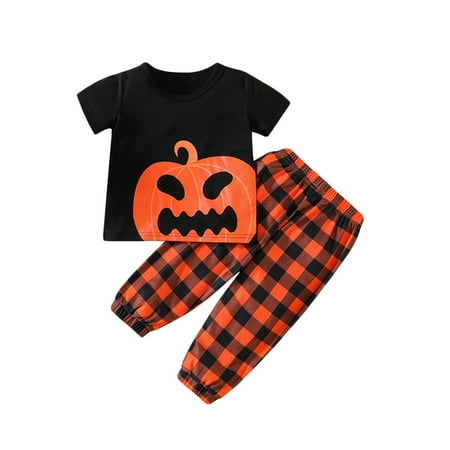 

Pudcoco Kid Halloween Sets Pumpkin Round Neck Short Sleeve T-Shirts Tops Plaid Bloomers Pants