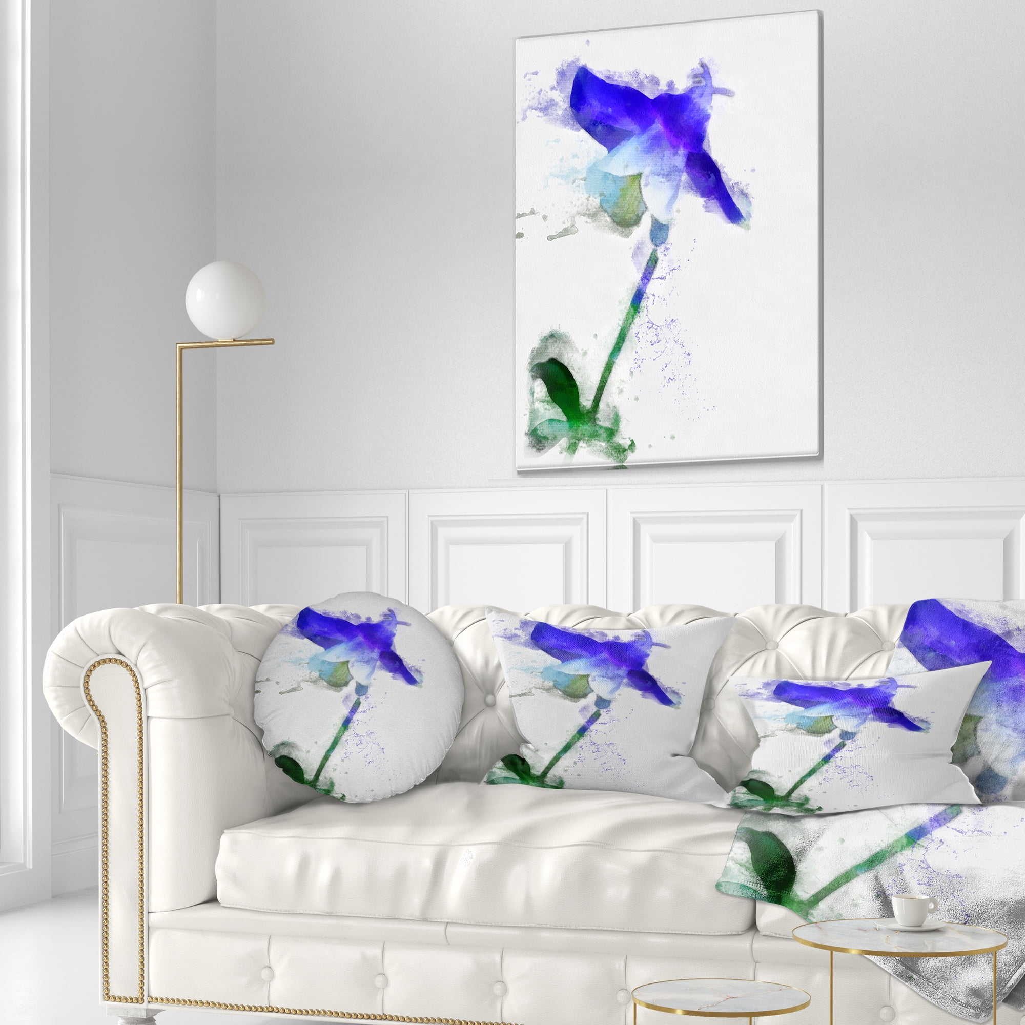 Designart Blue Bellflower Sketch Watercolor - Floral Throw Pillow - 12x20