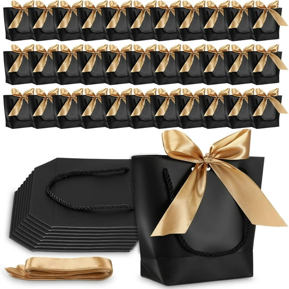 50 Pack Black and Gold Gift Bags Bulk with Handles Mini Bridal Shower Gift Paper Bags with Bow Ribbon 8.3 x 6.7 x 2.8 Wedding Welcome Supplies for Guest Bridesmaid Birthday Holiday Party Favor