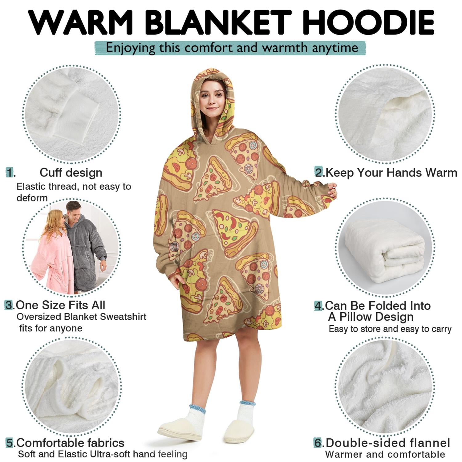 Pizza Blanket Hoodie Wearable Blanket Hoodie for Adults Sherpa All Patterns Oversized Sweatshirt Blanket with Pockets