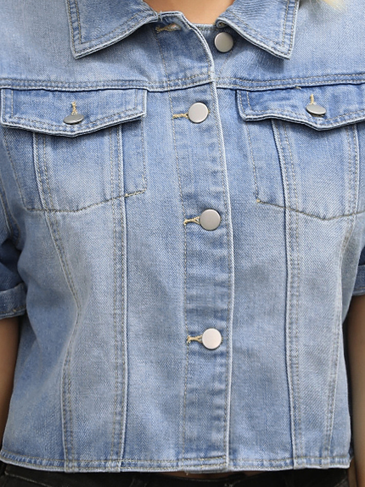 DARING DIVA Women's Short Sleeve Denim Collared Button Up Cropped Jean Jacket S Light Blue