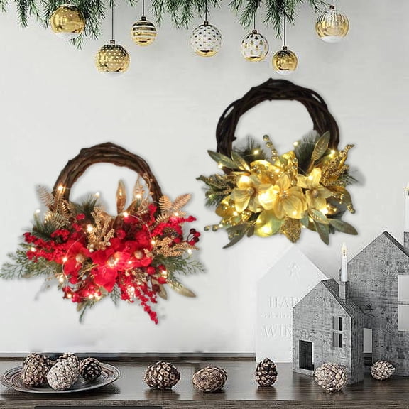 MXTPOV Christmas Wreath with LED Lights, Garland with Red Flowers Berries, Christmas Wreaths for Front Door, Garland for Wedding Windows Party, Home Decor