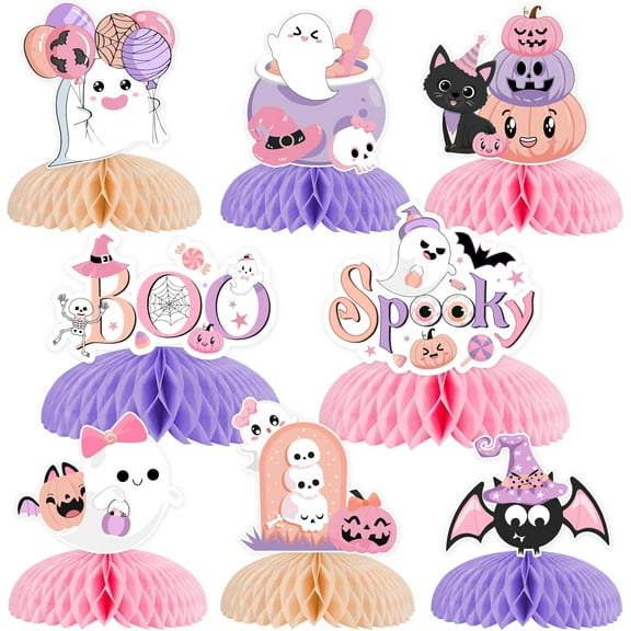 Kreatwow Halloween 2nd Birthday Decorations Girl 8pcs Halloween 2nd Birthday Honeycomb Centerpieces Table Decoration Pink Purple Two Spooky Birthday Decoration Table Topper Halloween Second Birthday