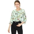 thumbnail image 3 of Allegra K Blusa floral de manga 3/4 con volantes y cuello en V informal para mujer Verde L, 3 of 6