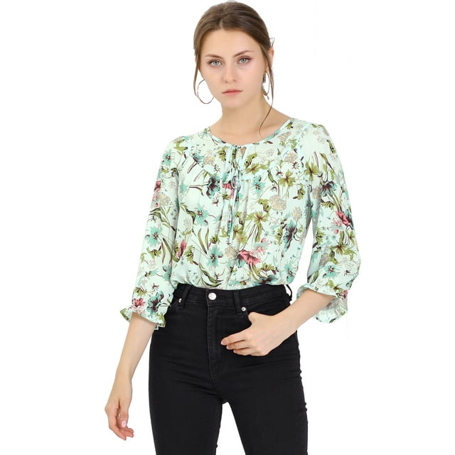 INSPIRE CHIC Women's Tie V Neck Boho Ruffled 3/4 Sleeve Floral Blouse