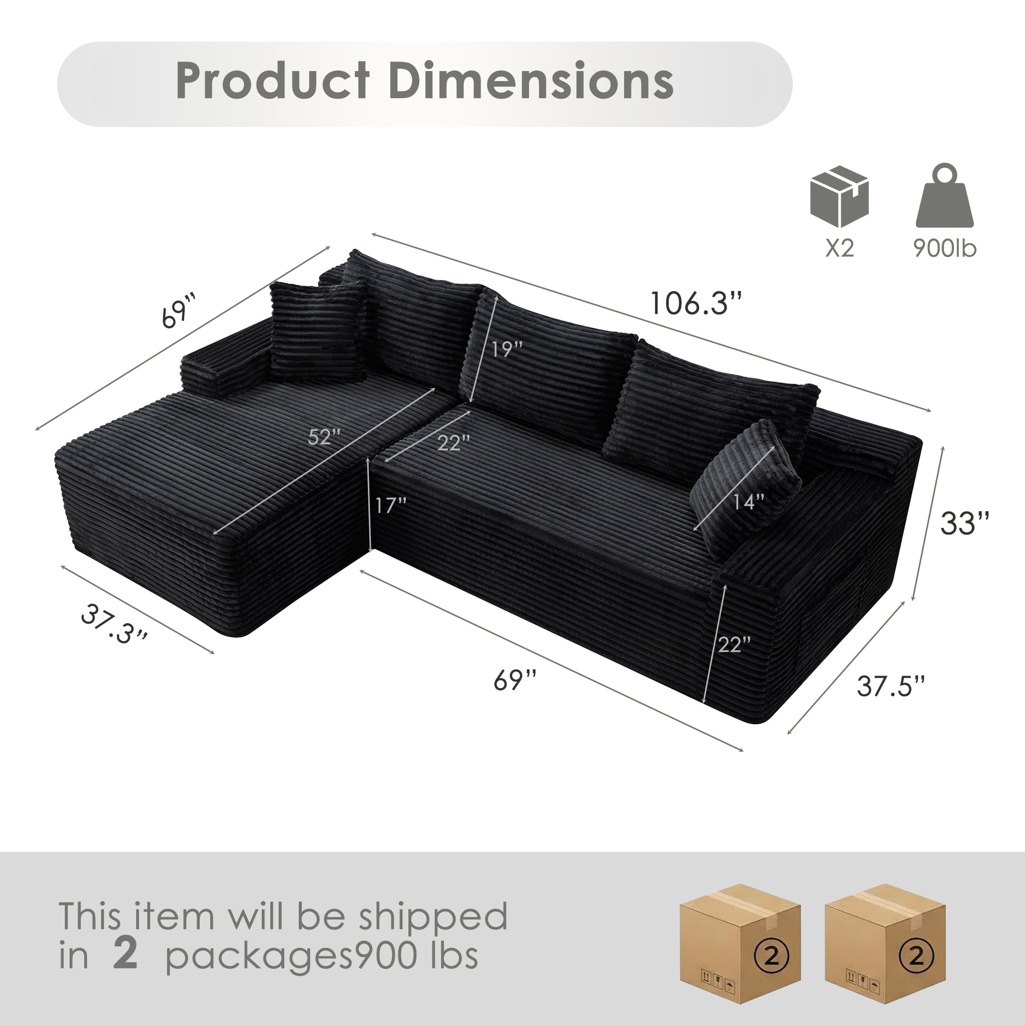Xiweot 106" Cloud Sectional Sofa Deep Seat Boneless Couch L-Shaped Modular Couch, Modern Left Chaise Corduroy Upholstered Sofa with Side Pockets for Living Room, Black