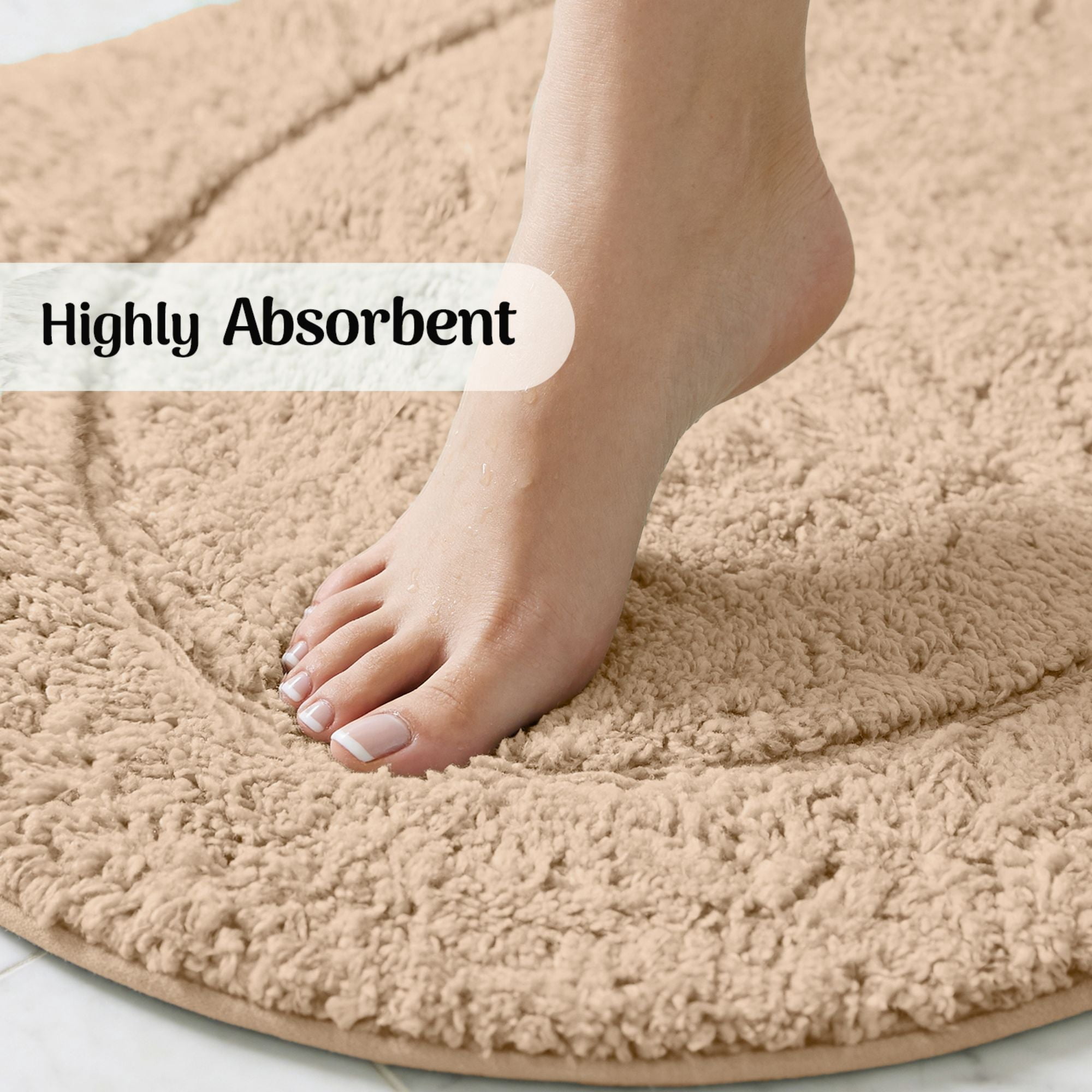Superior Oval Bordered Cotton Washable Non-Slip Bath Rug, Runner Size, Taupe