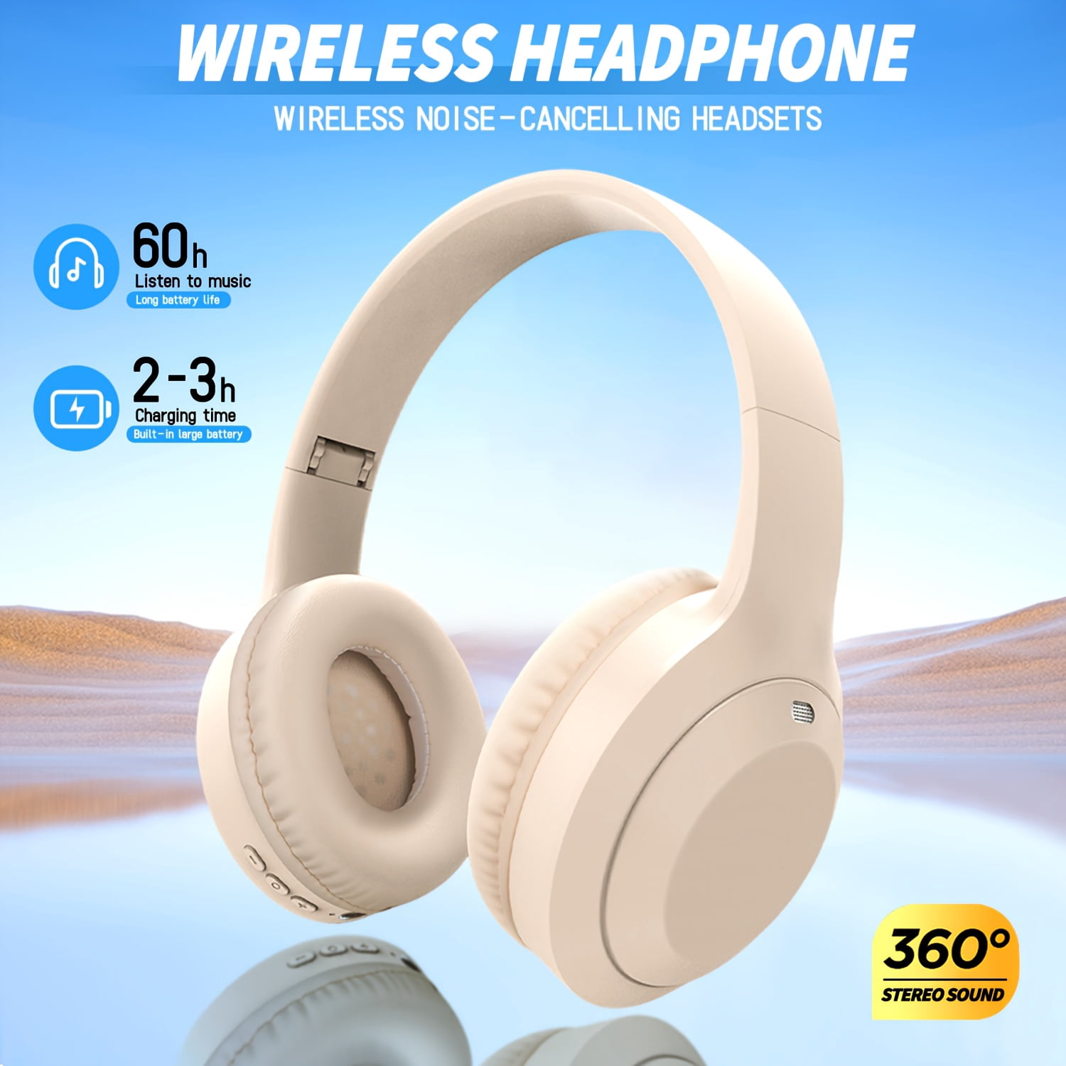 Wireless Headphones with Noise Cancellation That Can Be Worn on The Head, Offering 65 Hours of Playback. These Wireless Headphones Come with a Microphone, Are Foldable And Lightweight, And Provide
