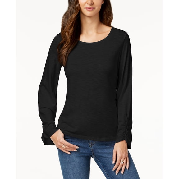 Style & Co Ruched Sleeve Top Deep Black M