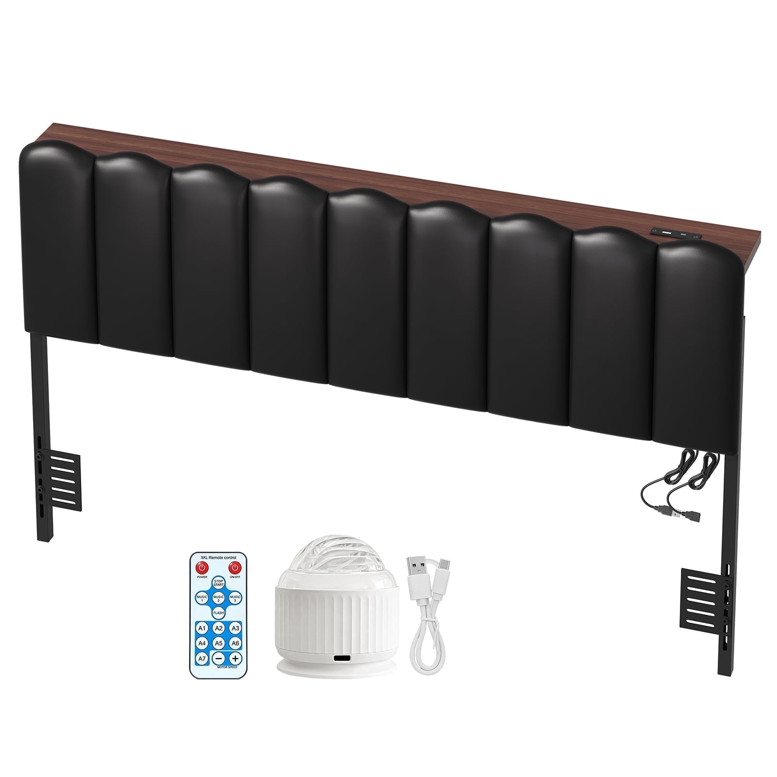 Pinmoco Upholstered Headboard with Storage Space and Charging Station for Full Size Bed, Galaxy Aurora Star Projector, Black PU Leather, Easy Assembly