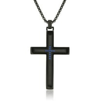 Metro Jewelry 0.06 Carat Blue Diamond Cross Pendant Necklace in Stainless Steel with Black Ion Plating on 24 Inches Long Box Chain