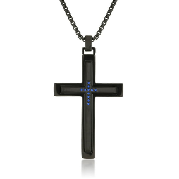 Metro Jewelry 0.06 Carat Blue Diamond Cross Pendant Necklace in Stainless Steel with Black Ion Plating on 24 Inches Long Box Chain