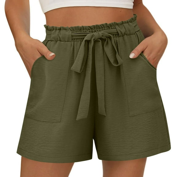 CheerKidz Women's Casual Linen Shorts Drawstring Comfy Elastic Waist Shorts Summer Pull On Short Pants with Pockets Wide Leg Pants(Green,L)